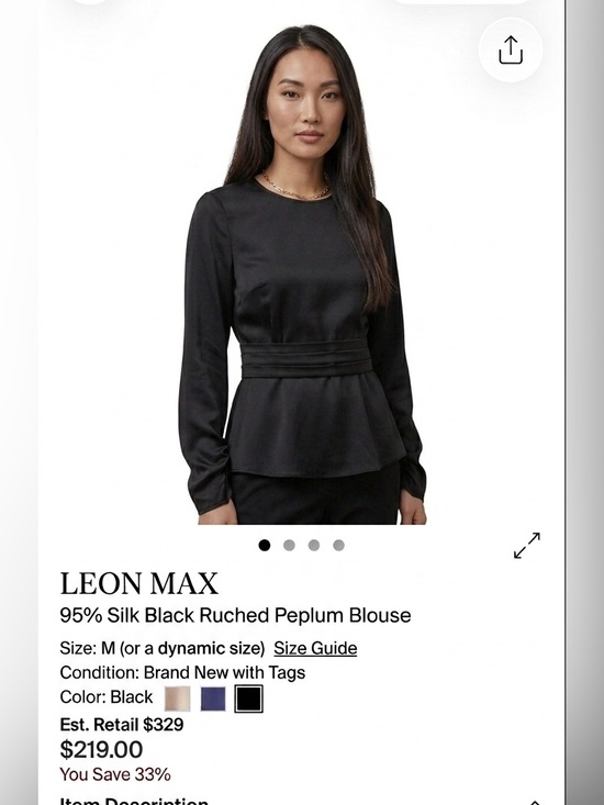 Leon Max Tops - LEON MAX Silk Black Ruched Peplum Blouse